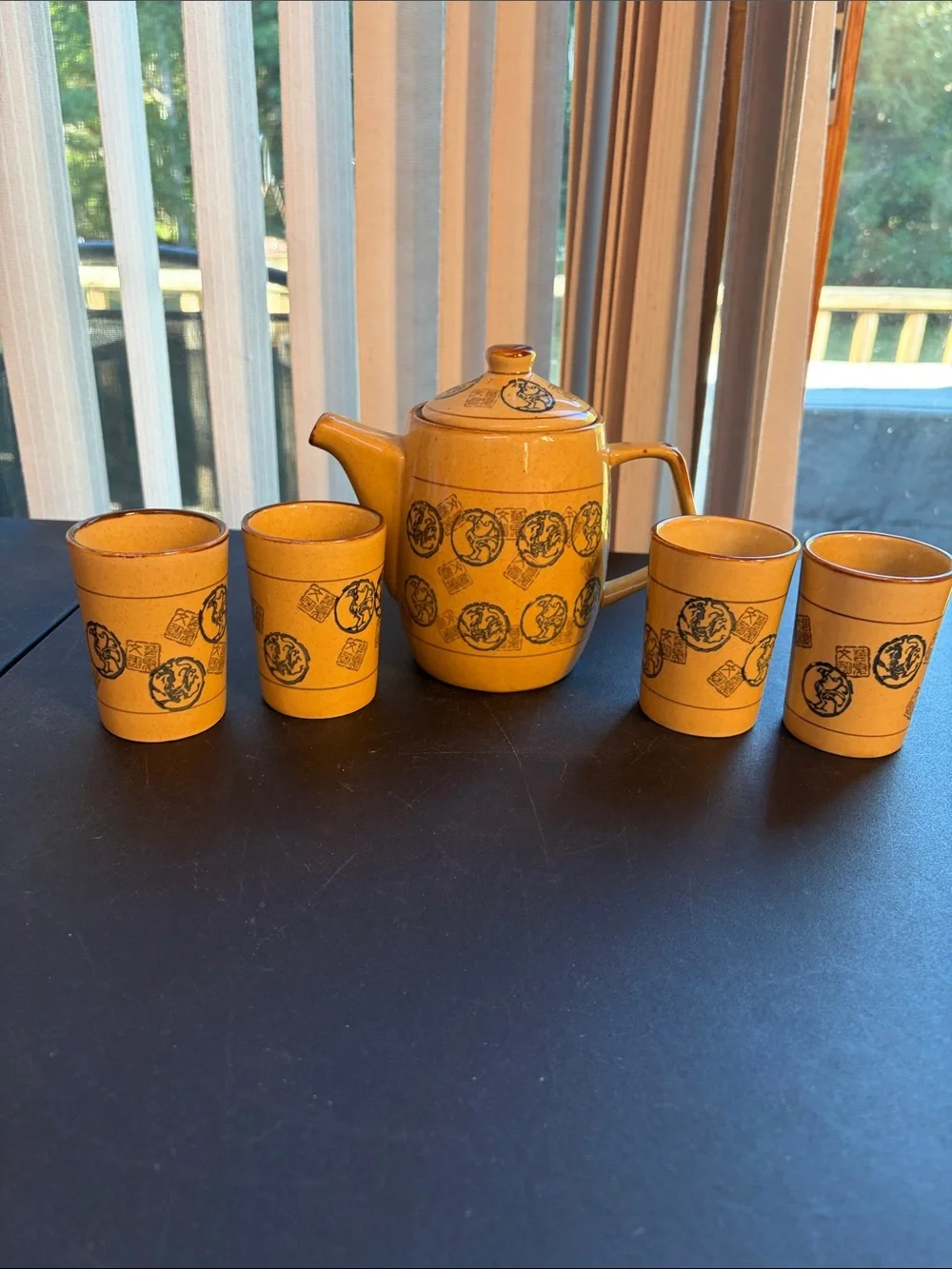 Pier 1 Ceramic Tea Pot Set with Black Medallion Motif